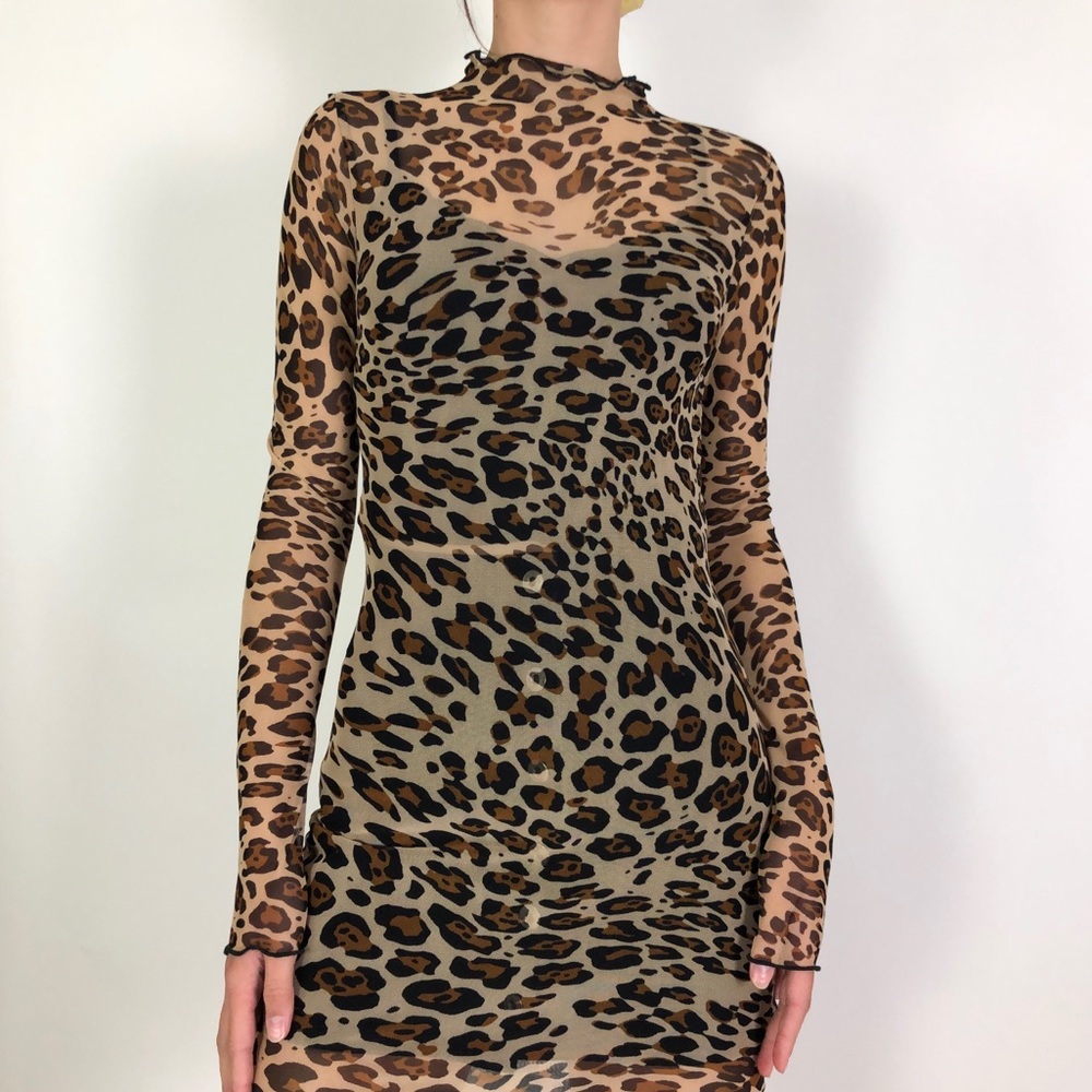 Sheer mesh long sleeve turtleneck cheetah dress